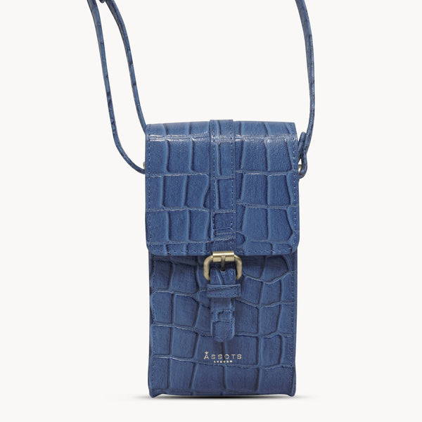 'PETRA' Blue Croc Real Leather Mobile Phone Crossbody Bag
