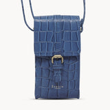 'PETRA' Blue Croc Real Leather Mobile Phone Crossbody Bag