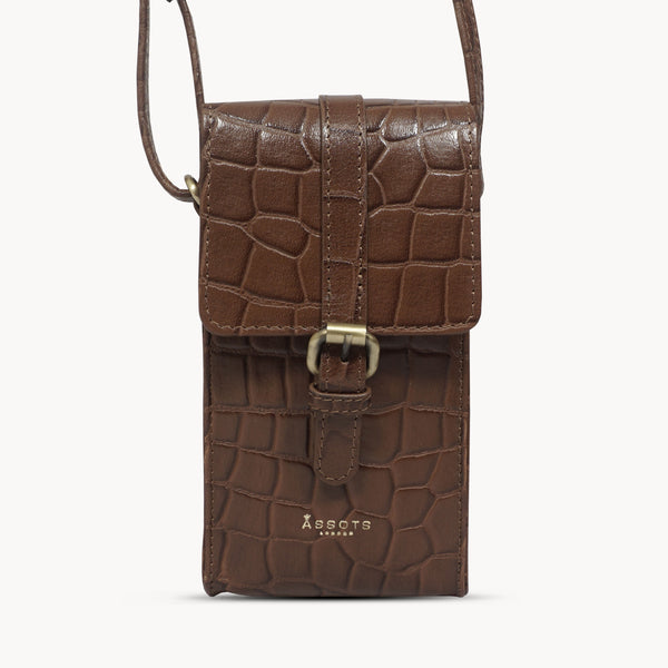 'PETRA' Brown Croc Real Leather Mobile Phone Crossbody Bag