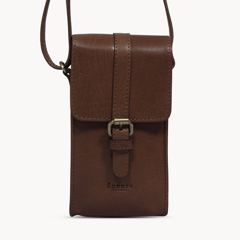 'PETRA' Brown Polished VT Real Leather Mobile Phone Crossbody Bag