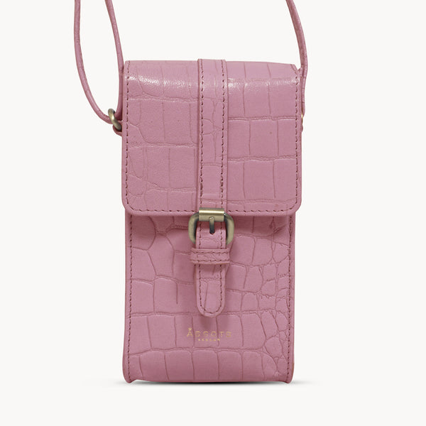 'PETRA' Pink Croc Real Leather Mobile Phone Crossbody Bag