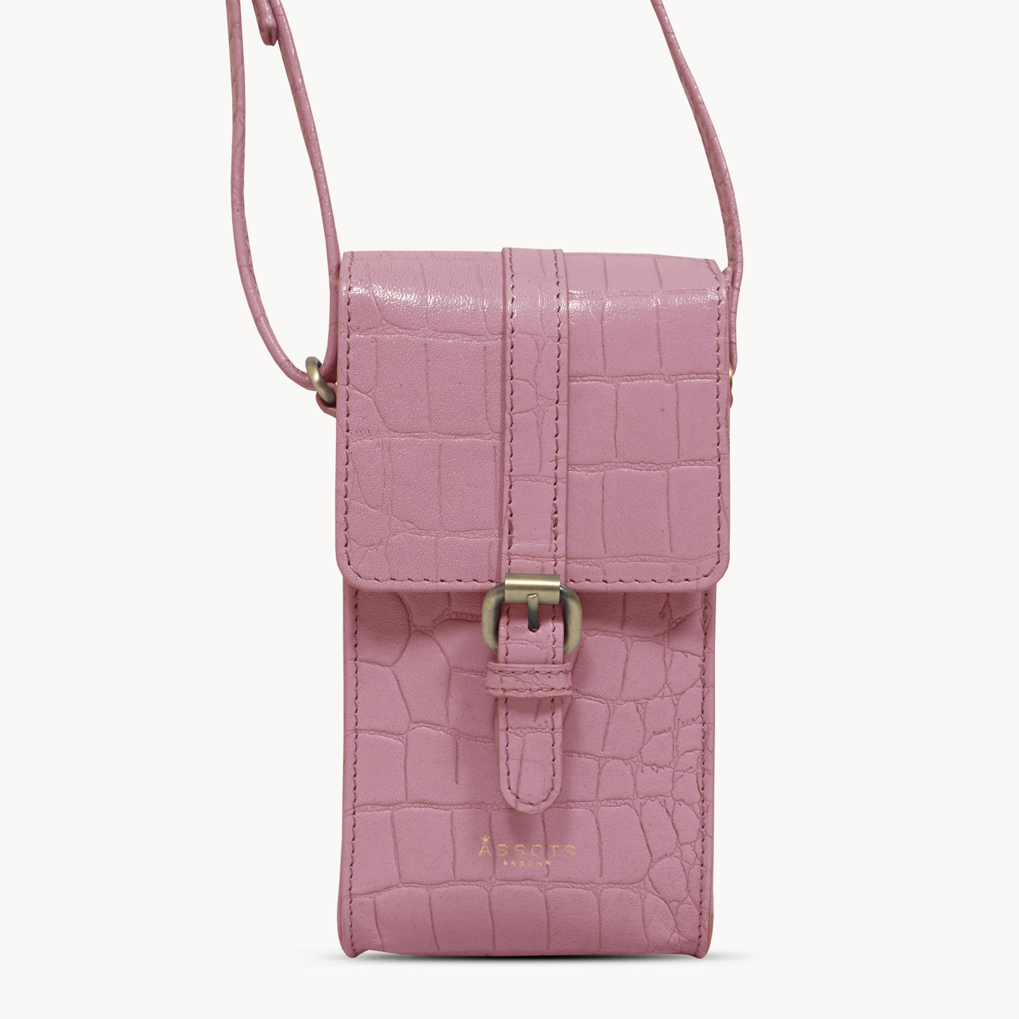 'PETRA' Pink Croc Real Leather Mobile Phone Crossbody Bag