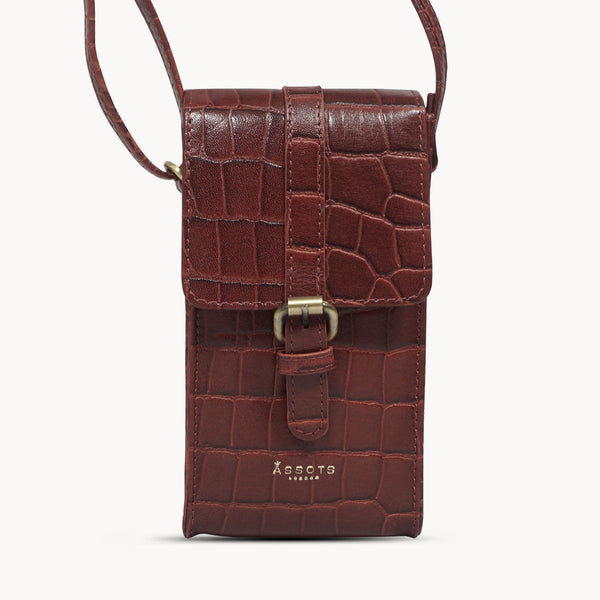 'PETRA' Red Croc Real Leather Mobile Phone Crossbody Bag