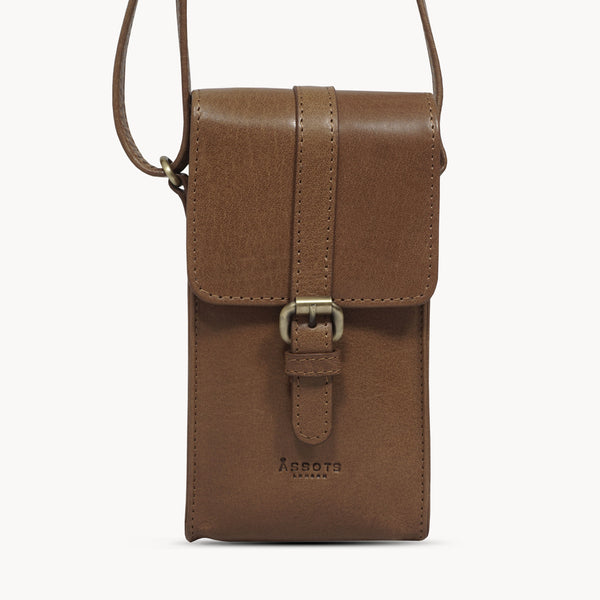 'PETRA' Tan Polished VT Real Leather Mobile Phone Crossbody Bag