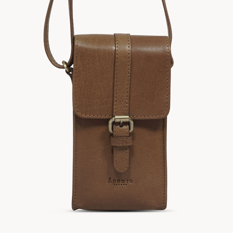 'PETRA' Tan Polished VT Real Leather Mobile Phone Crossbody Bag