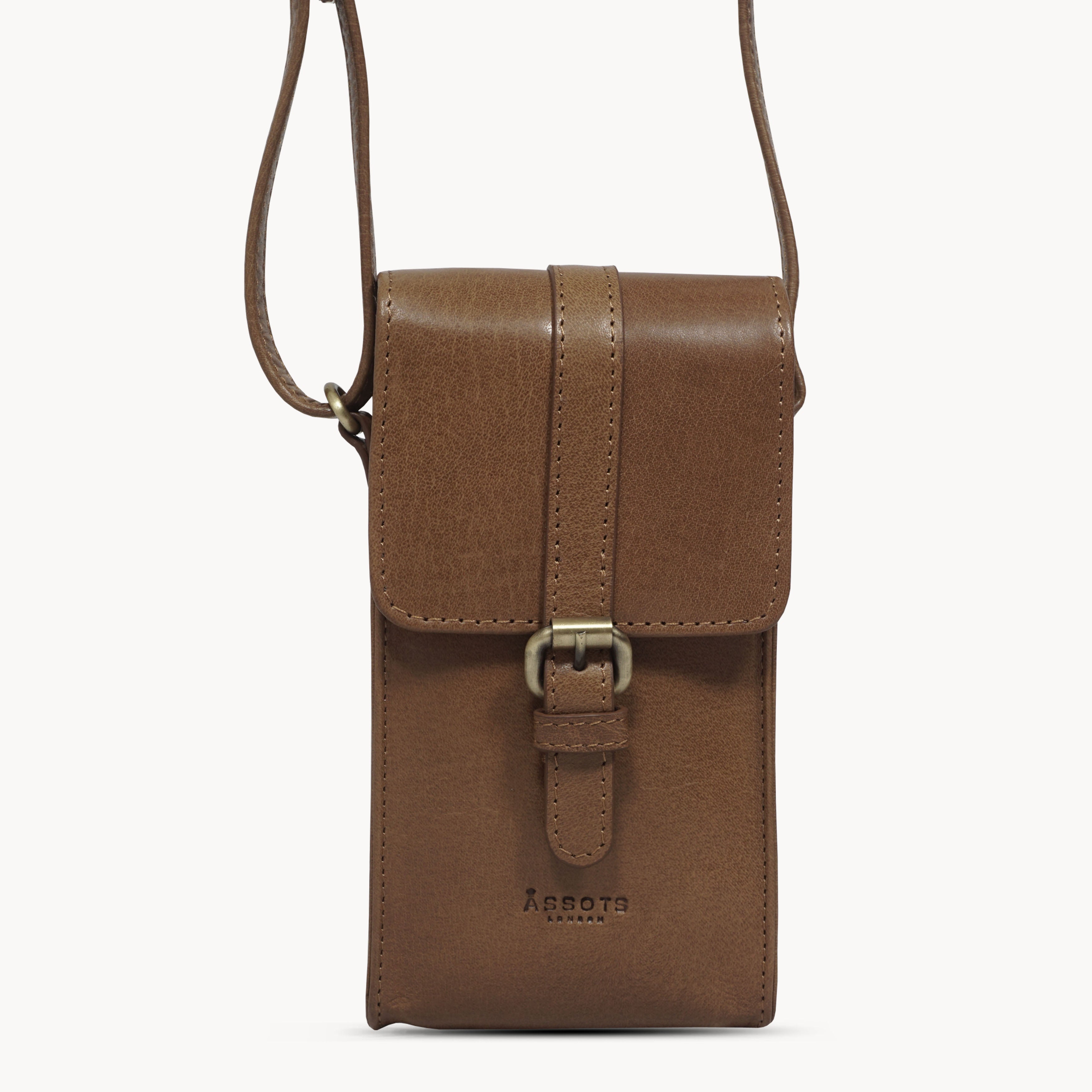 'PETRA' Tan Polished VT Real Leather Mobile Phone Crossbody Bag