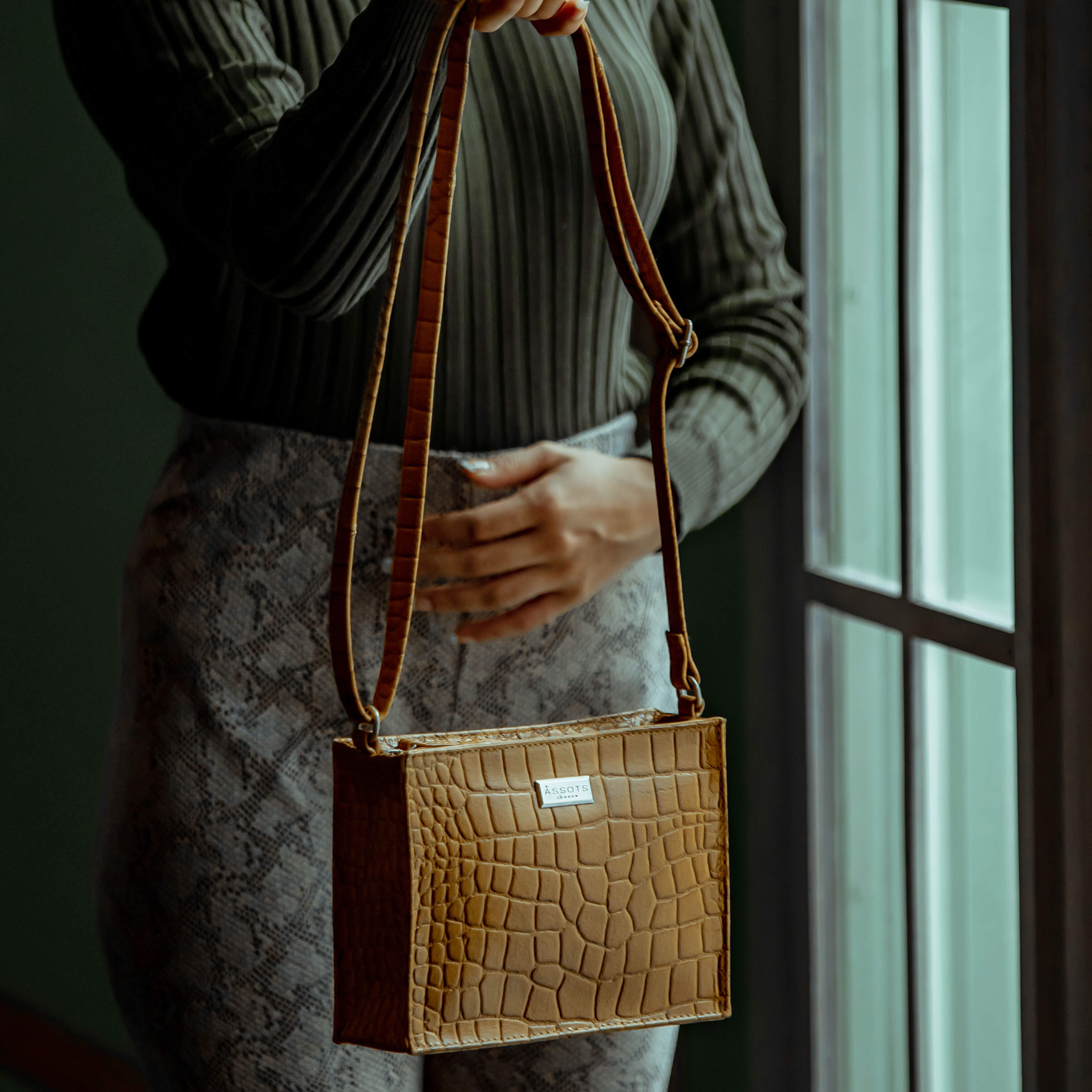 'SUSAN' Mustard Croc Real Leather Rectangle Box Crossbody Bag