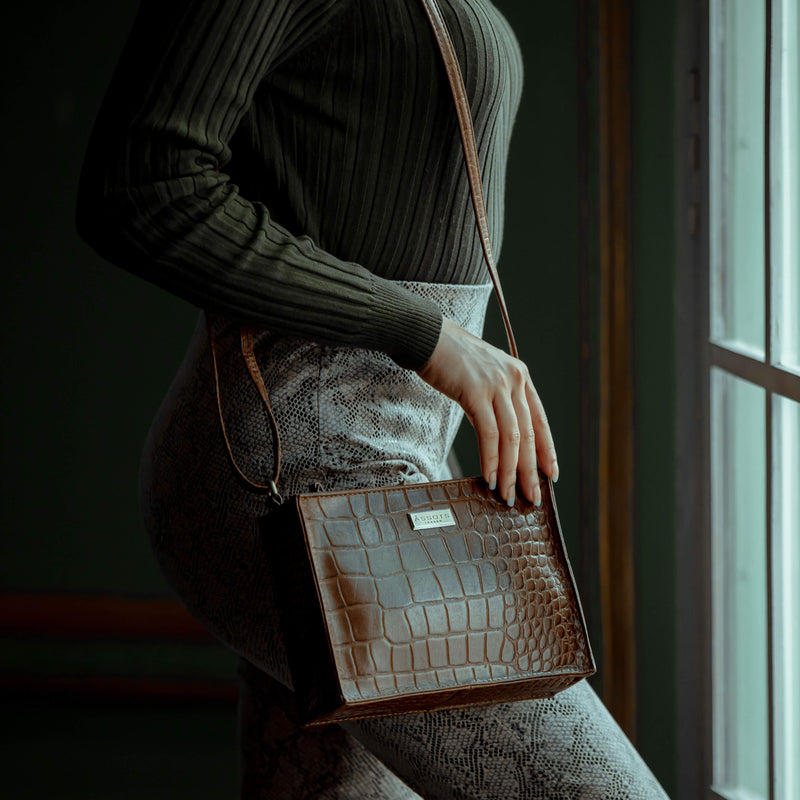 'SUSAN' Tan Croc Real Leather Rectangle Box Crossbody Bag