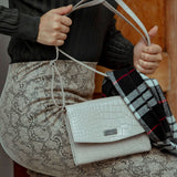 'MATILDA' Ice Grey Croc Designer Leather Organiser Flap Over Crossbody Bag