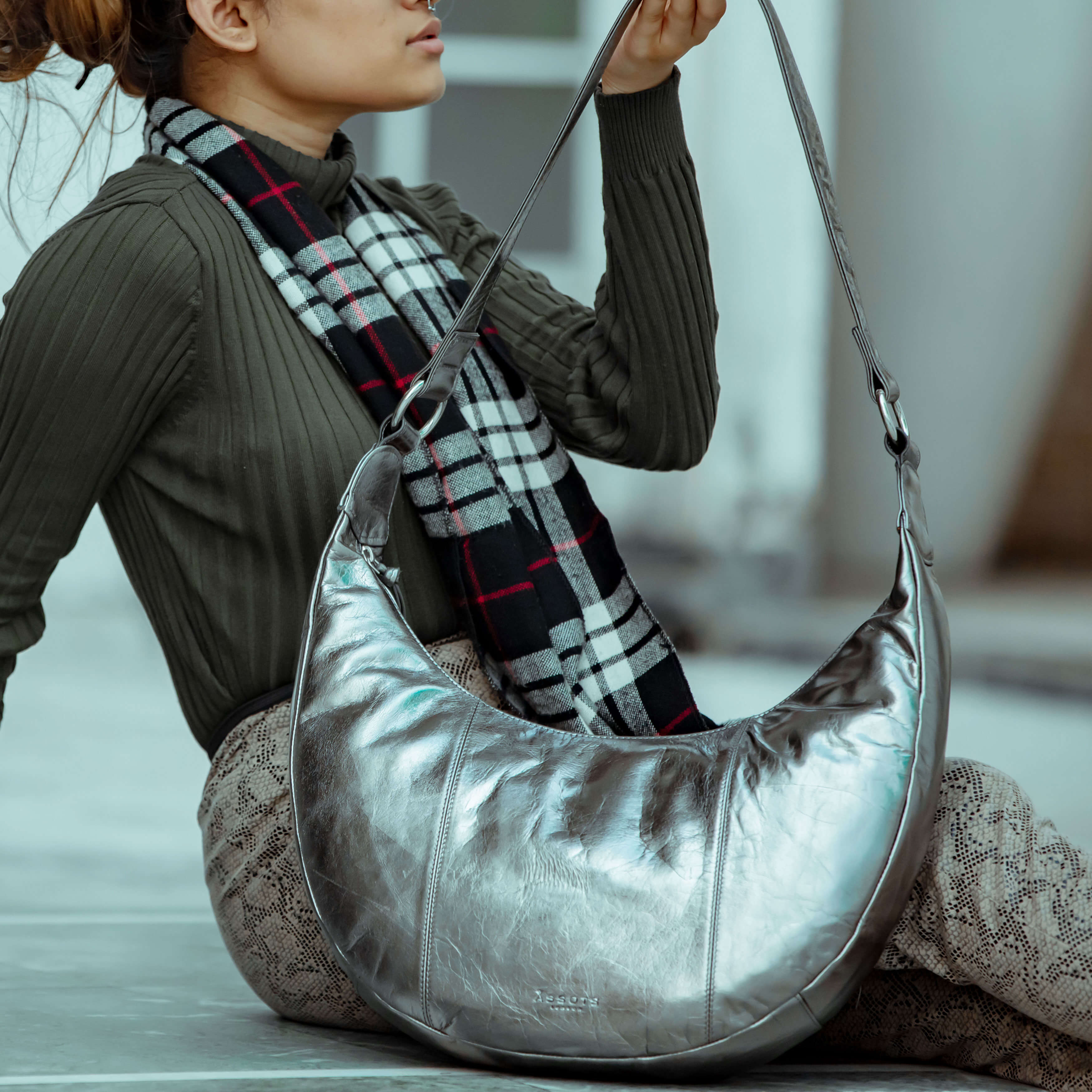 'LAYLA' Pewter Metallic Real Leather Shoulder Hobo Bag