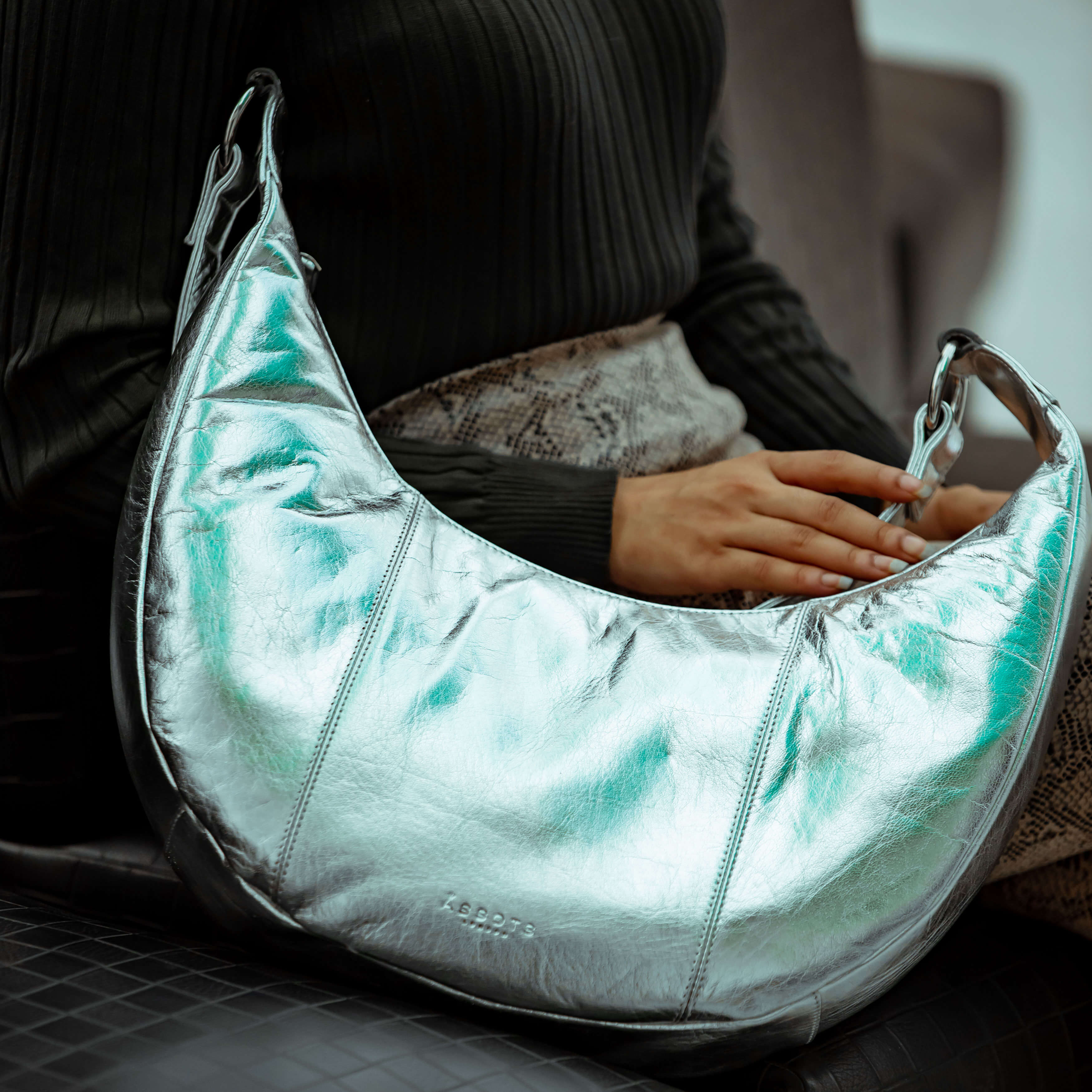 'LAYLA' Silver Metallic Real Leather Shoulder Hobo Bag