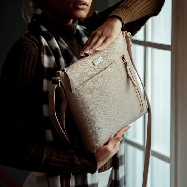 'EDITH' Off White Pebble Grain Leather Crossbody bag