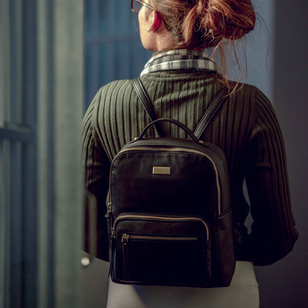 'ANGEL' Tan Pebble Grain Real Leather Zip-top Backpack
