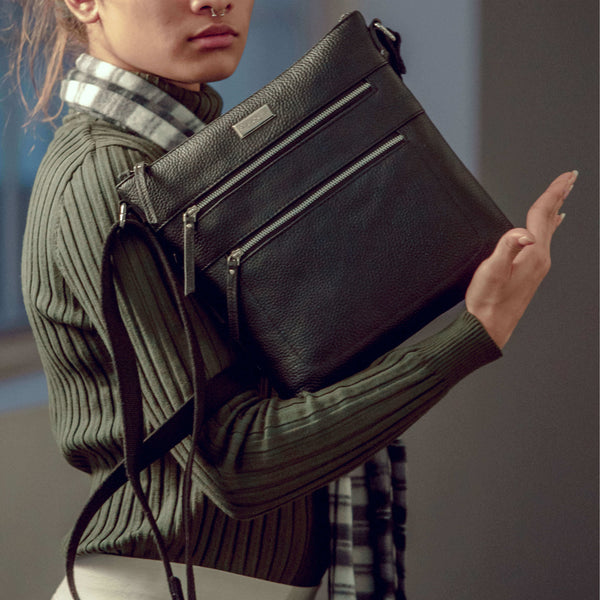 'CORI' Black Pebble Grain Real Leather Crossbody Bag