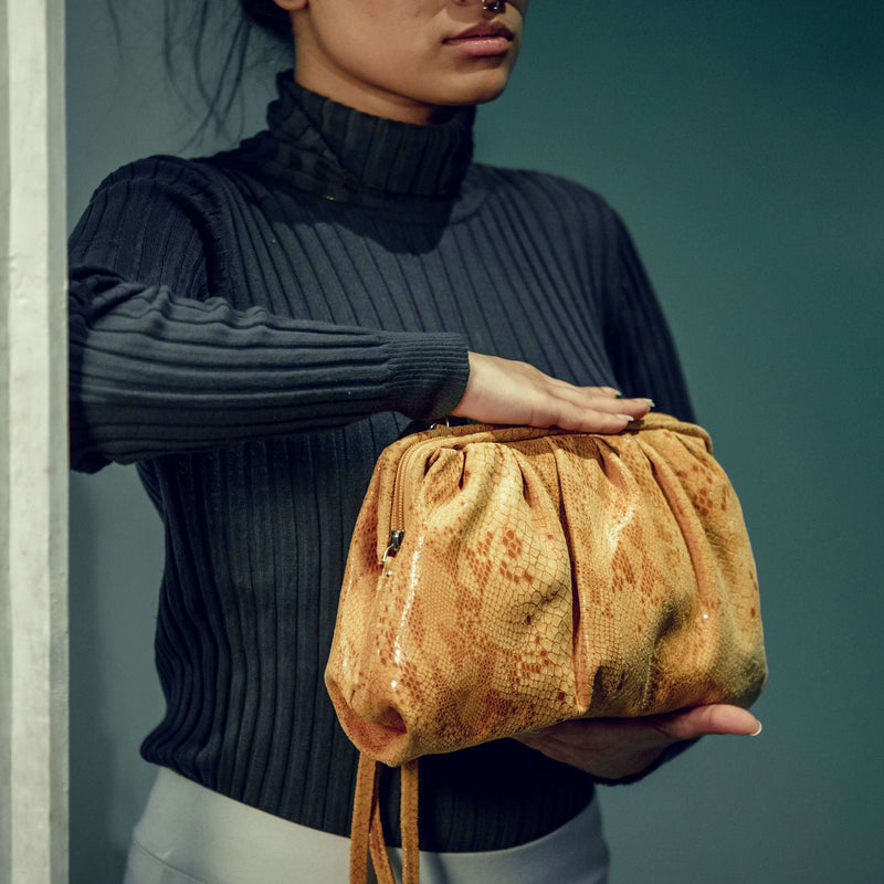 'Harper' Mustard Python Snake Print Real Leather Oversized Clutch Bag