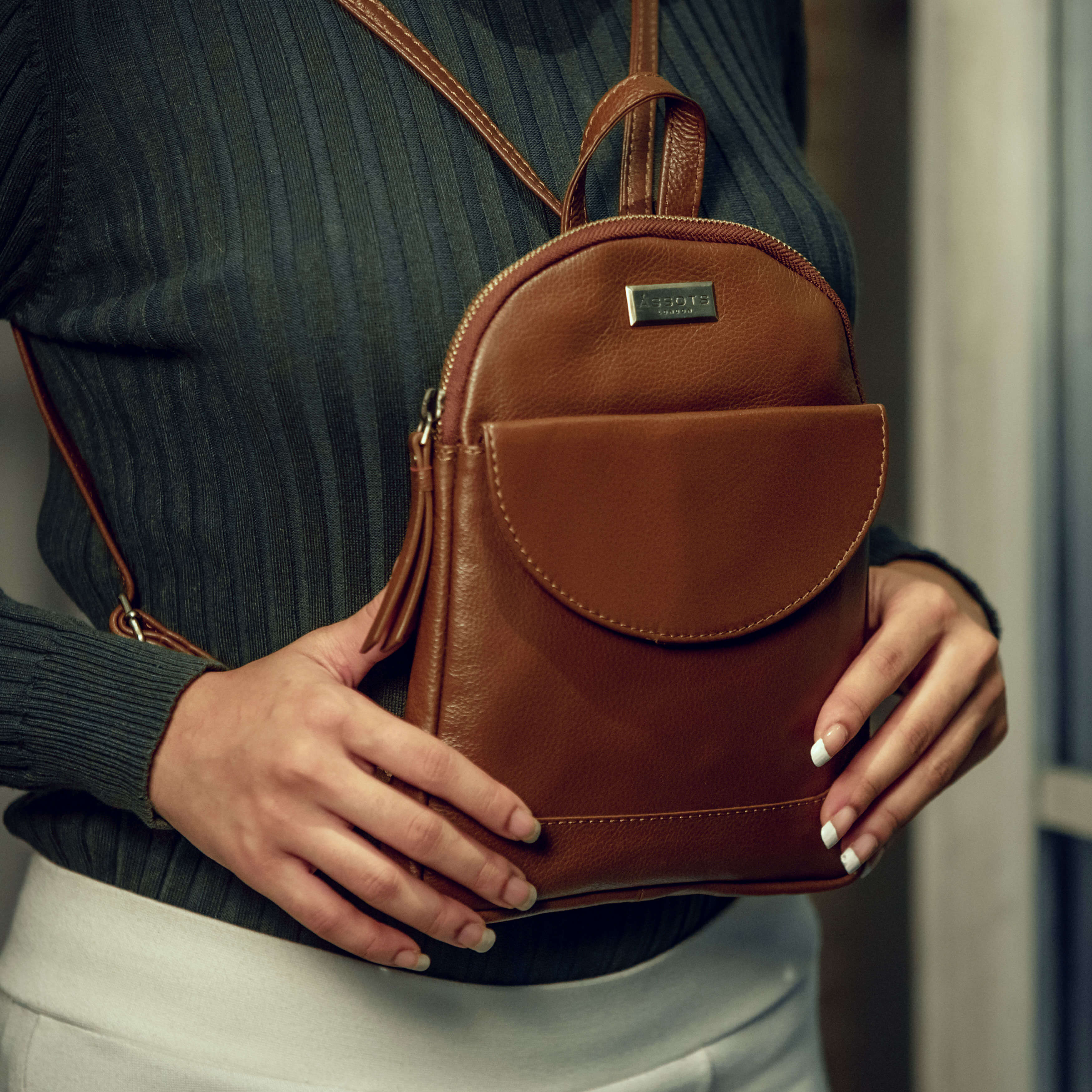 'GEORGE' Tan Mini Pebble Grain Leather Backpack