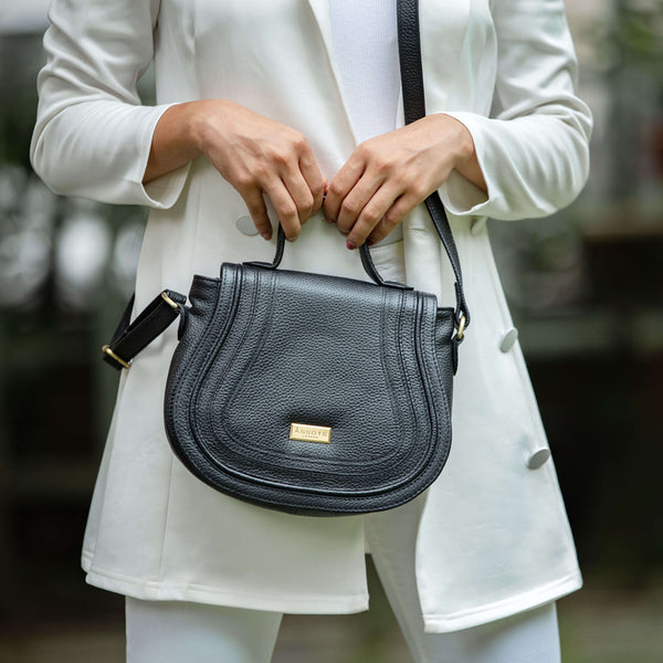 'CARMEL' Black Real Leather Shoulder Crossbody Bag