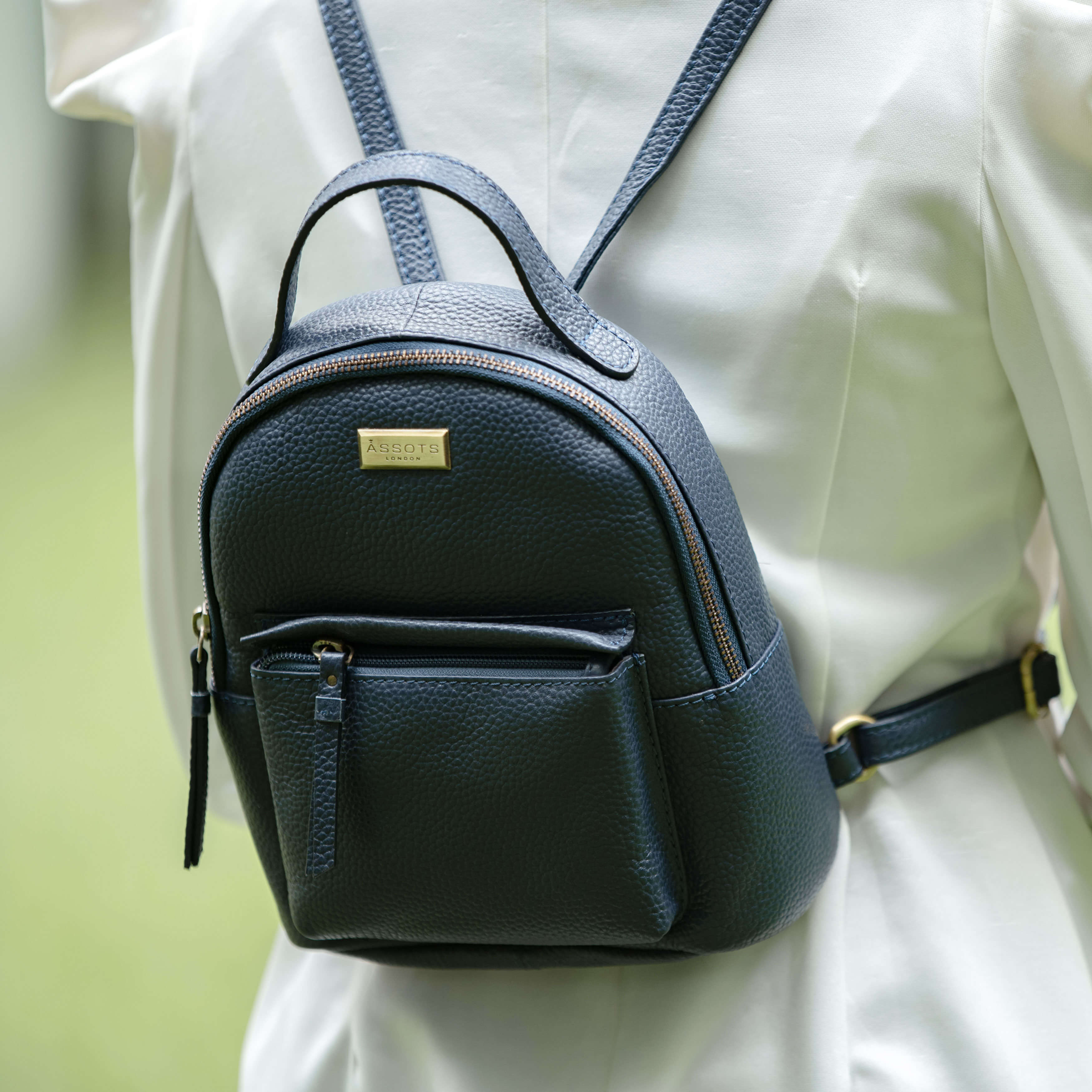 'Betty' Navy Zip Top Mini Pebble Grain Leather Backpack