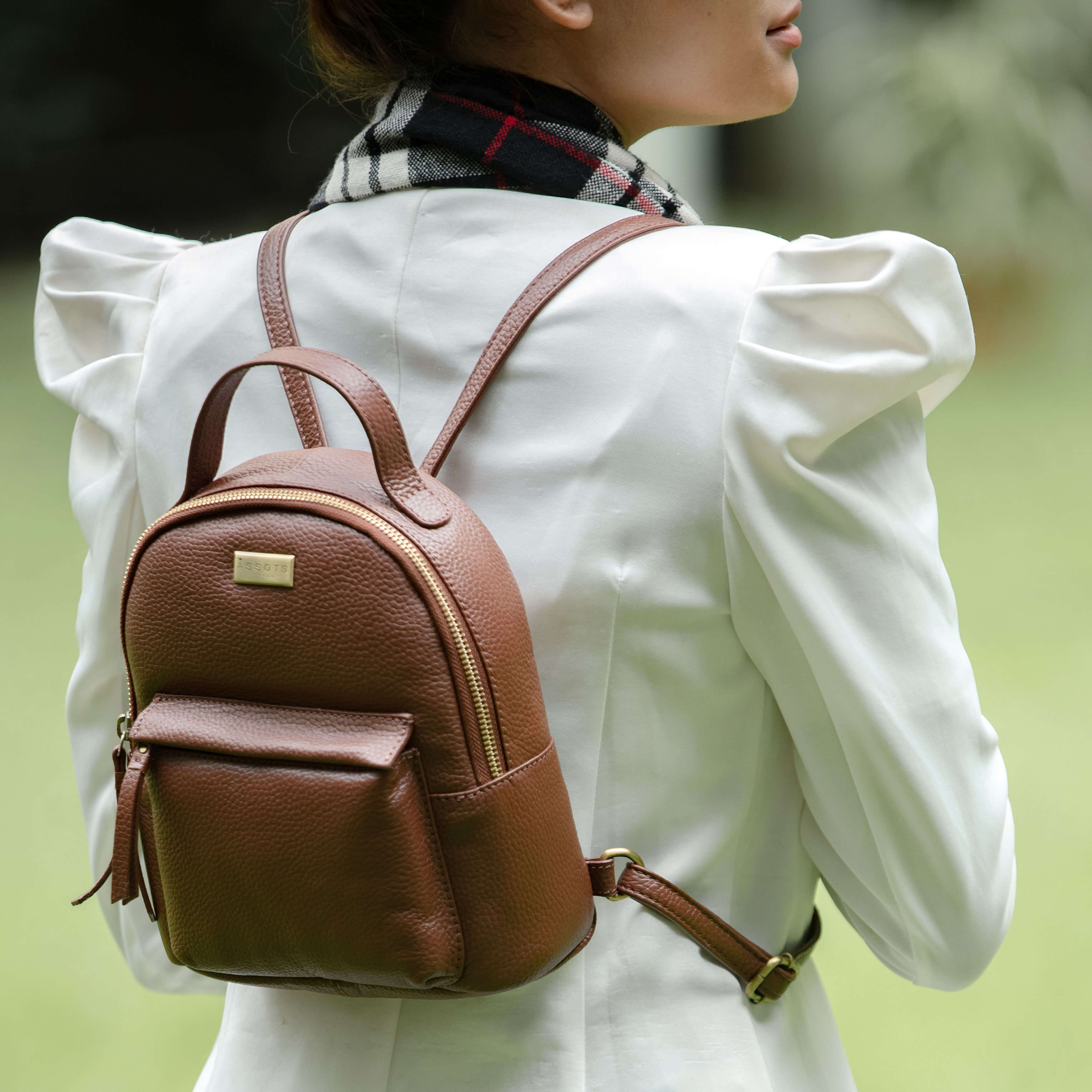 'Betty' Tan Zip Top Mini Pebble Grain Leather Backpack