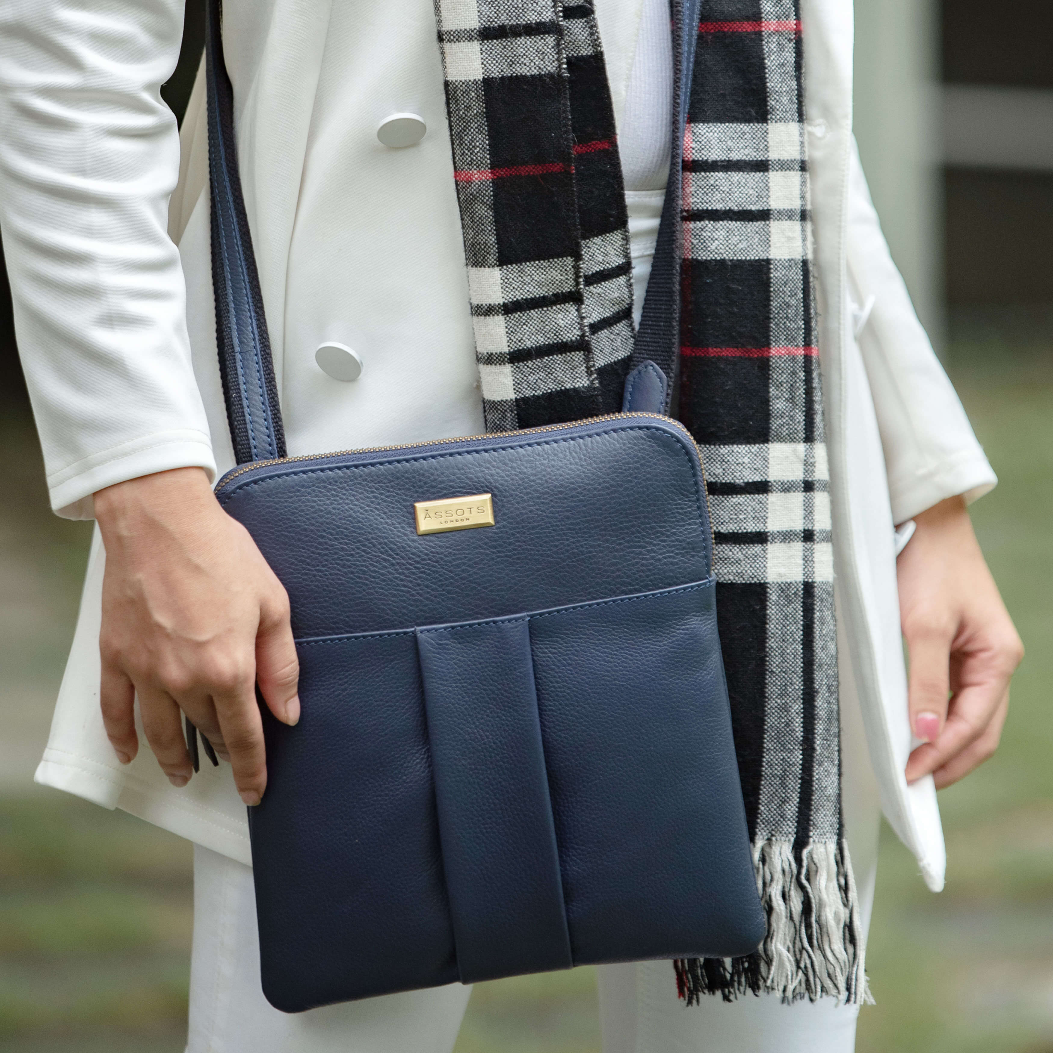 'ELSIE' Navy Pebble Grain Leather Zip Top Crossbody Bag
