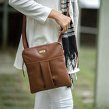 'ELSIE' Tan Pebble Grain Leather Zip Top Crossbody Bag