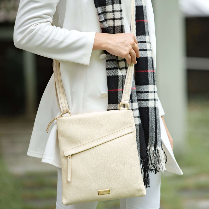 'FLORENCE' Cream Pebble Grain Leather Crossbody Sling Bag