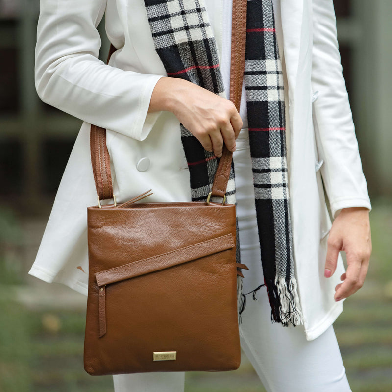 'FLORENCE' Tan Pebble Grain Leather Crossbody Sling Bag