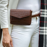 'CAMELLA' Brown Croc Leather Bum Belt Waist Festival Bag
