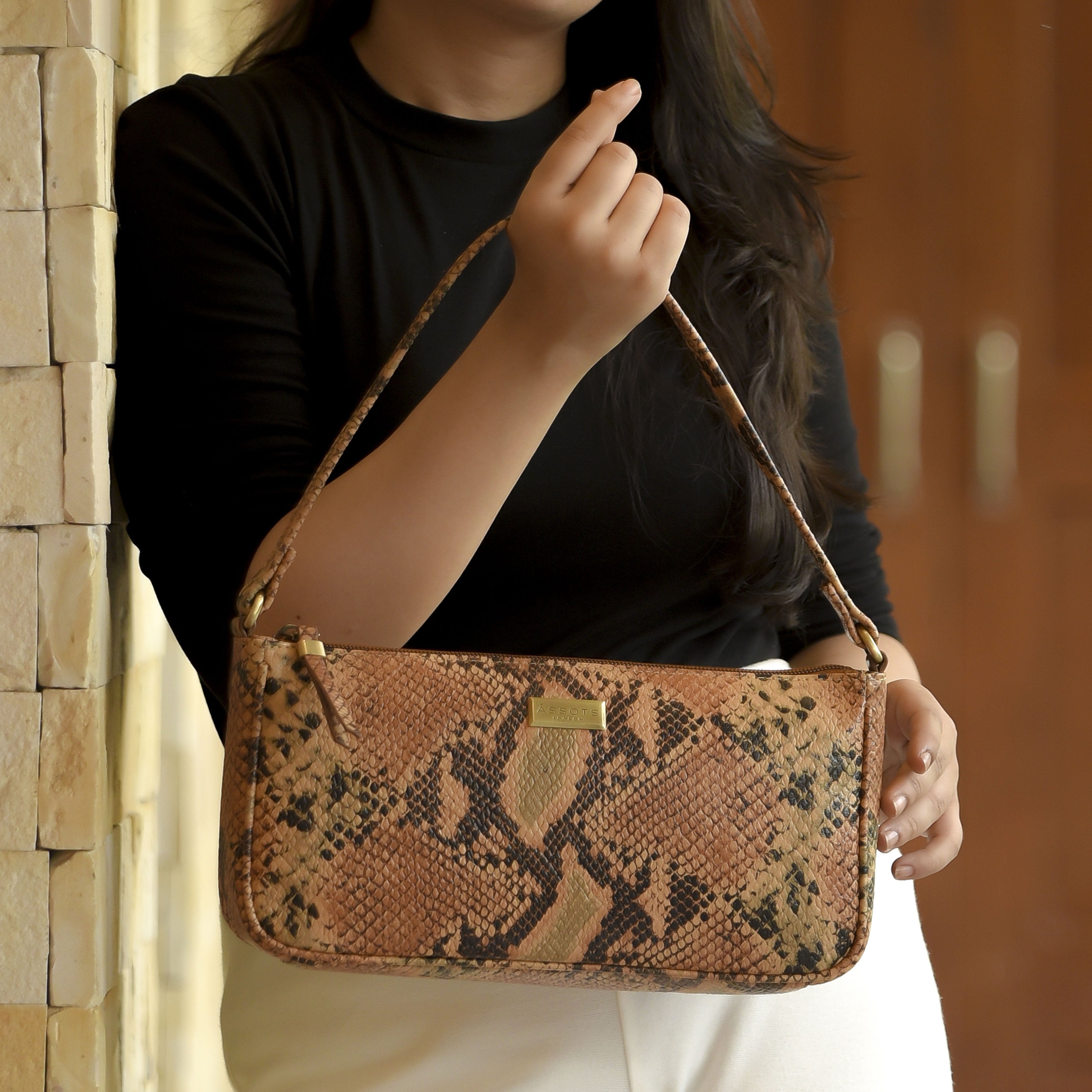 'ZARA' Tan Snake Print Real Leather Baguette Shoulder Bag