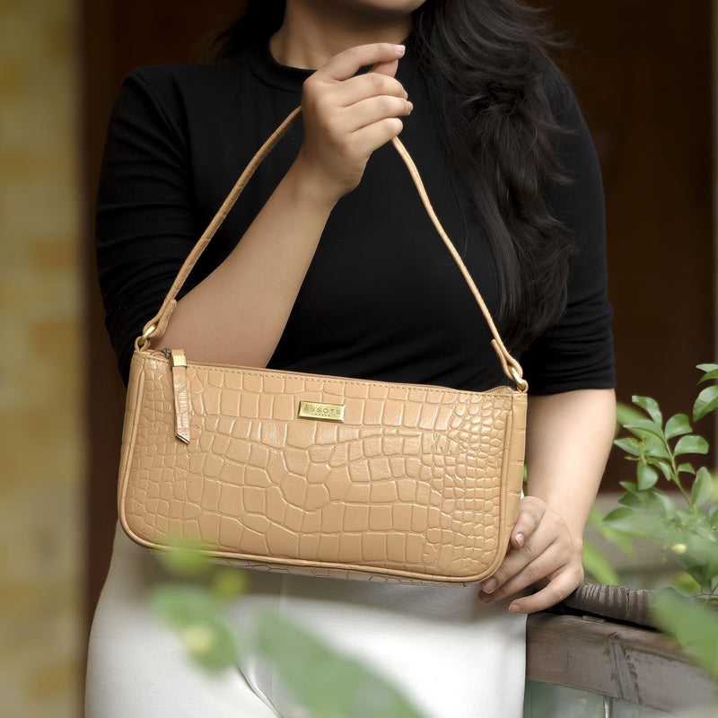 'ZARA' Camel Designer Croc Real Leather Baguette Shoulder Bag