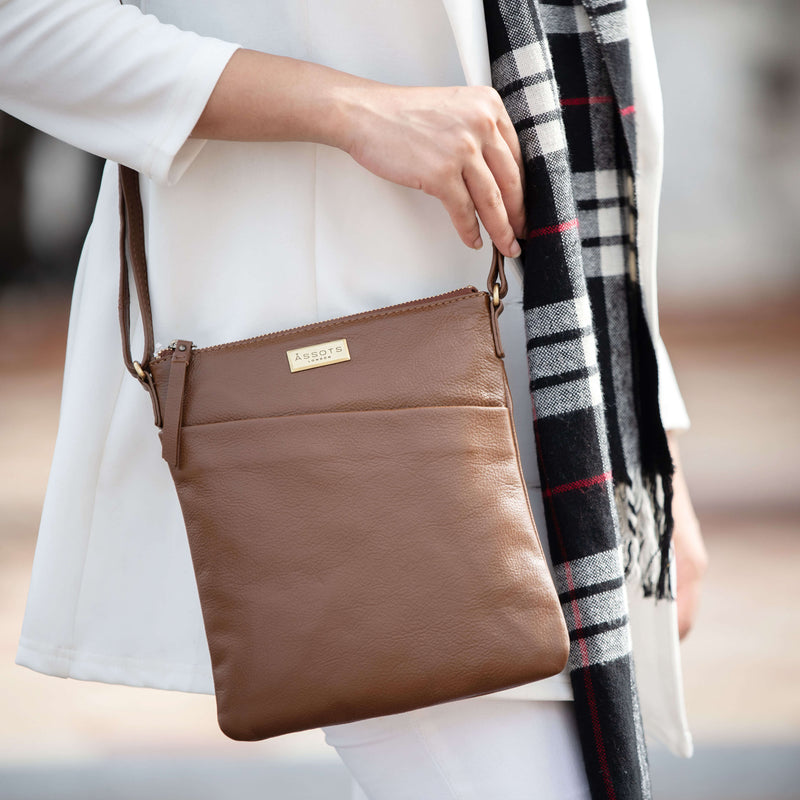 'LINBY' Dark Tan Pebble Grain Leather Crossbody Sling Bag