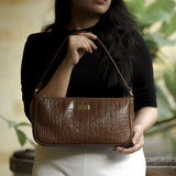 'ZARA' Tan Croc Real Leather Baguette Shoulder Bag