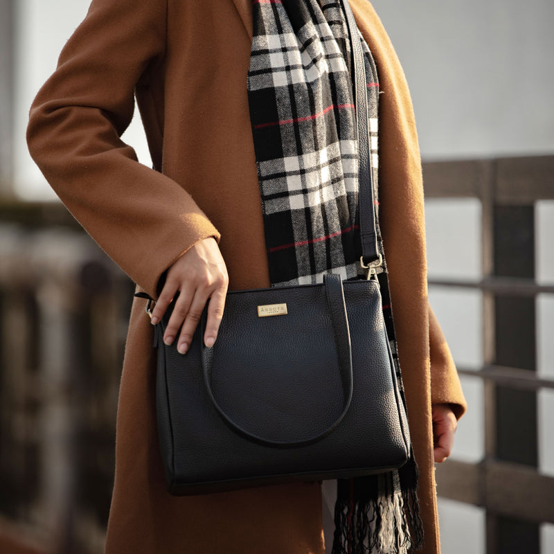 'DEBRA' Black Pebble Grain Real Leather Crossbody Shoulder Bag