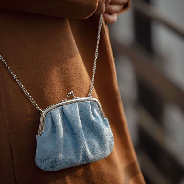 'SELENA' Pastel Blue Python Snake Leather Frame Closure Coin Purse