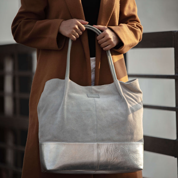 'DONNA' Grey and Metallic Silver Real Leather Unlined Designer Shopper Bag