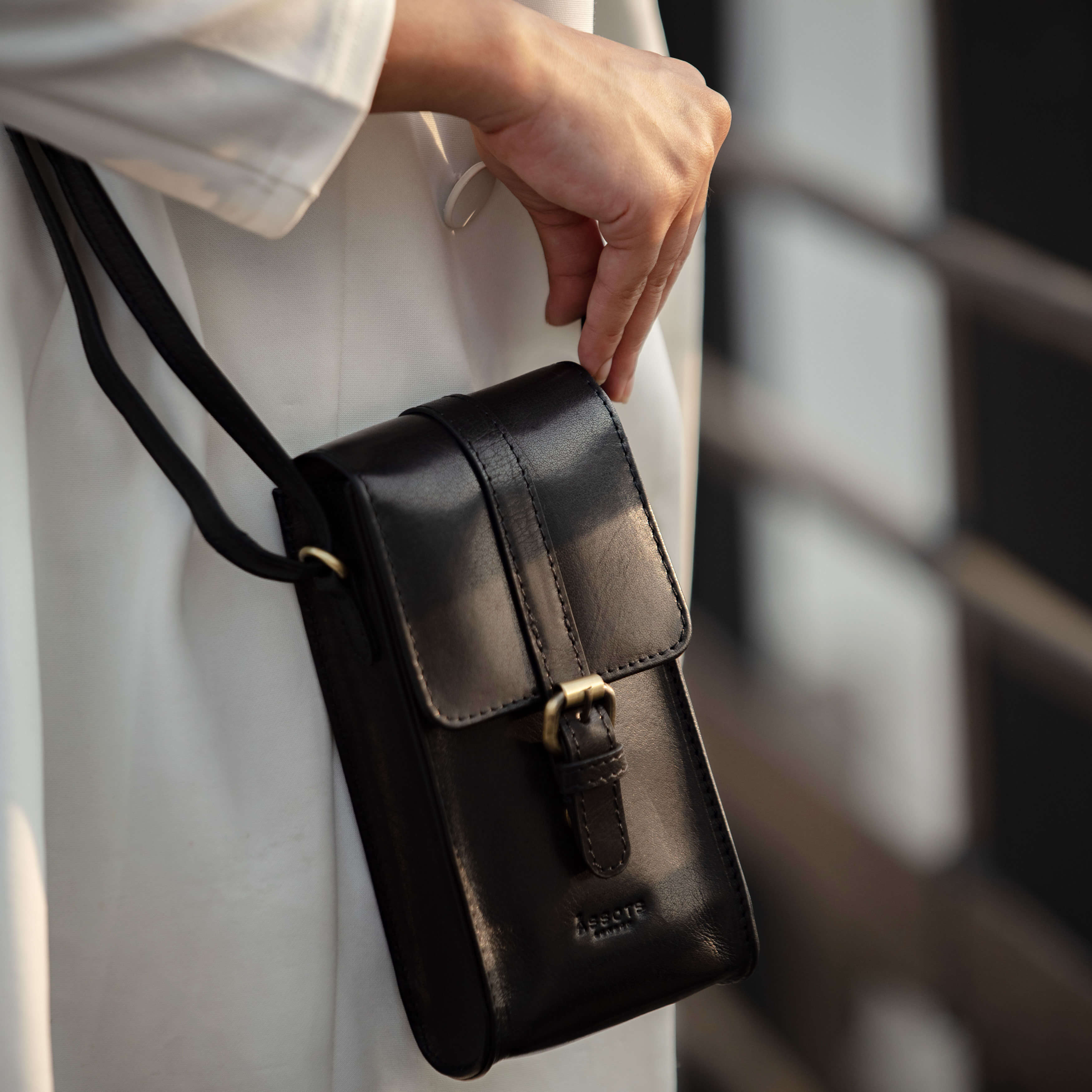 'PETRA' Black Polished VT Real Leather Mobile Phone Crossbody Bag