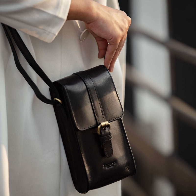 'PETRA' Black Polished VT Real Leather Mobile Phone Crossbody Bag