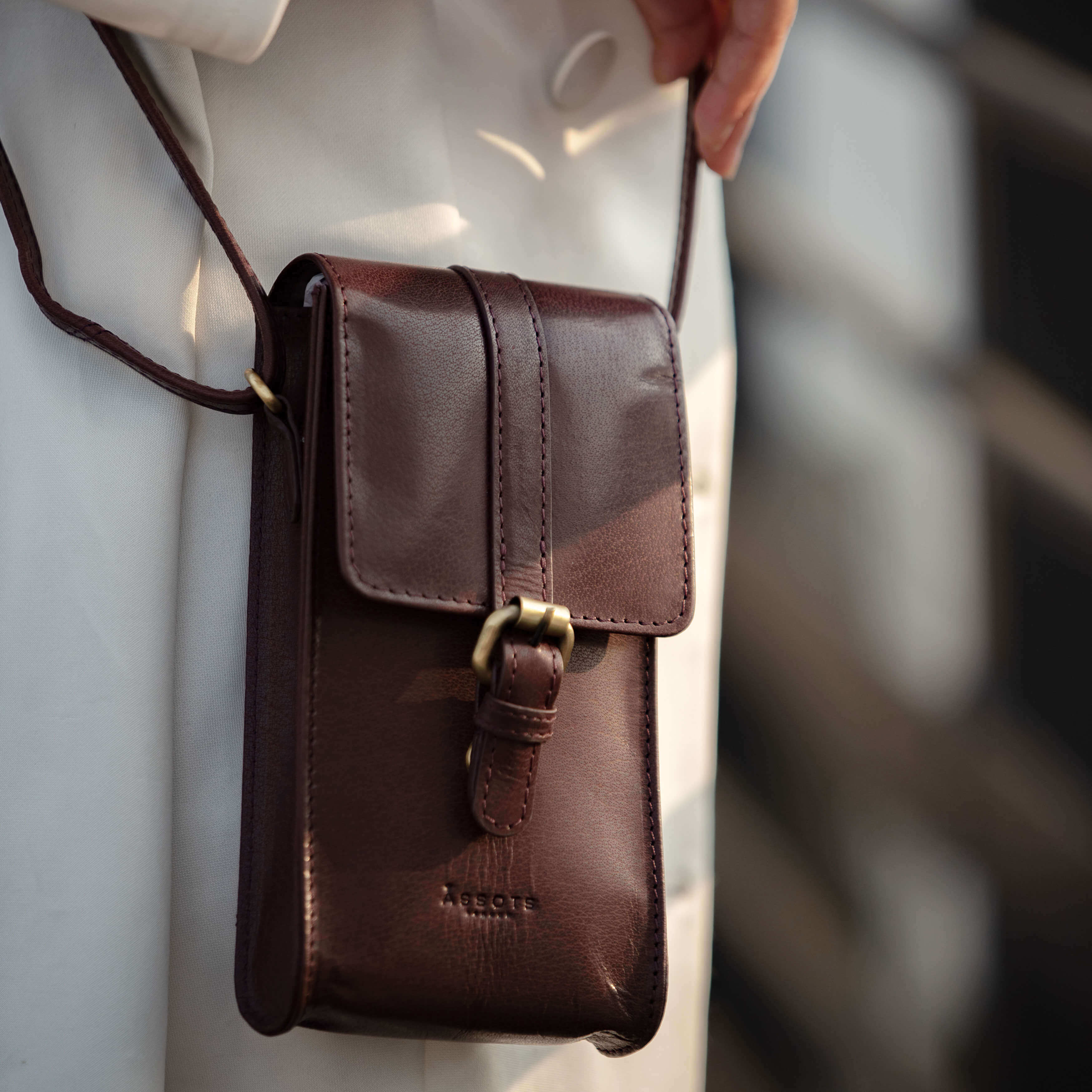 'PETRA' Plum Polished VT Real Leather Mobile Phone Crossbody Bag