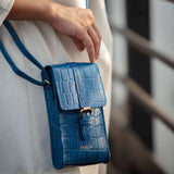 'PETRA' Blue Croc Real Leather Mobile Phone Crossbody Bag