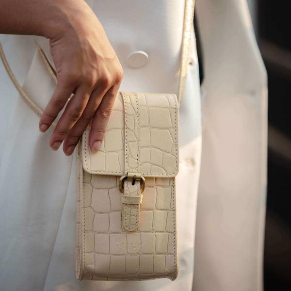 'PETRA' Off White Croc Real Leather Mobile Phone Crossbody Bag