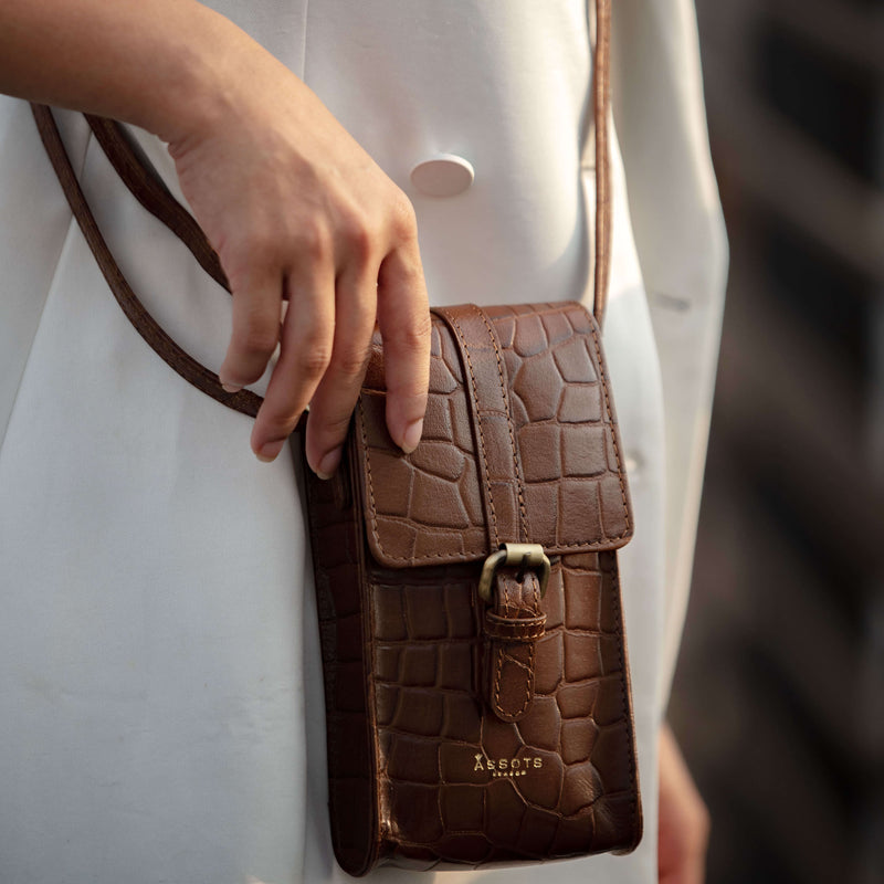 'PETRA' Tan Croc Real Leather Mobile Phone Crossbody Bag