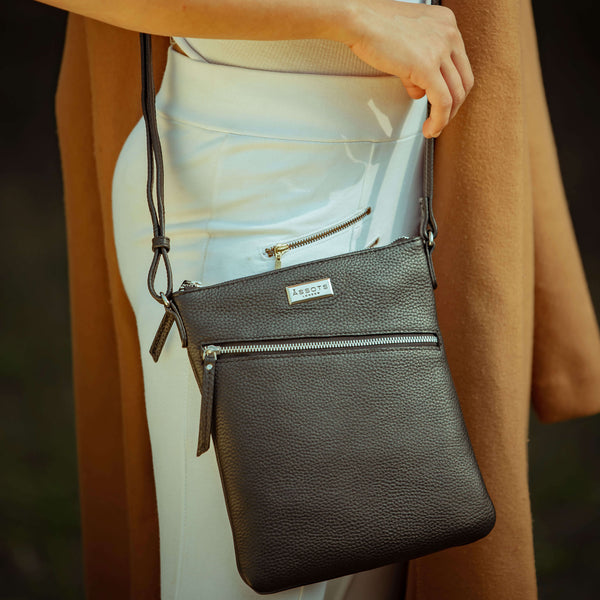 'ROSY' Black Pebble Grain Soft Real Leather Crossbody Bag