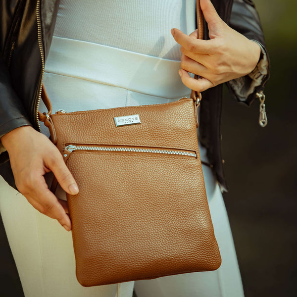 'ROSY' Tan Pebble Grain Soft Real Leather Crossbody Bag