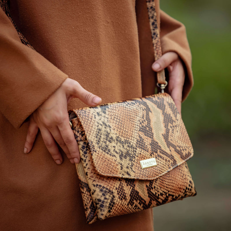 'GEORGIA' Tan Snake Print Real Leather Crossbody Sling Bag