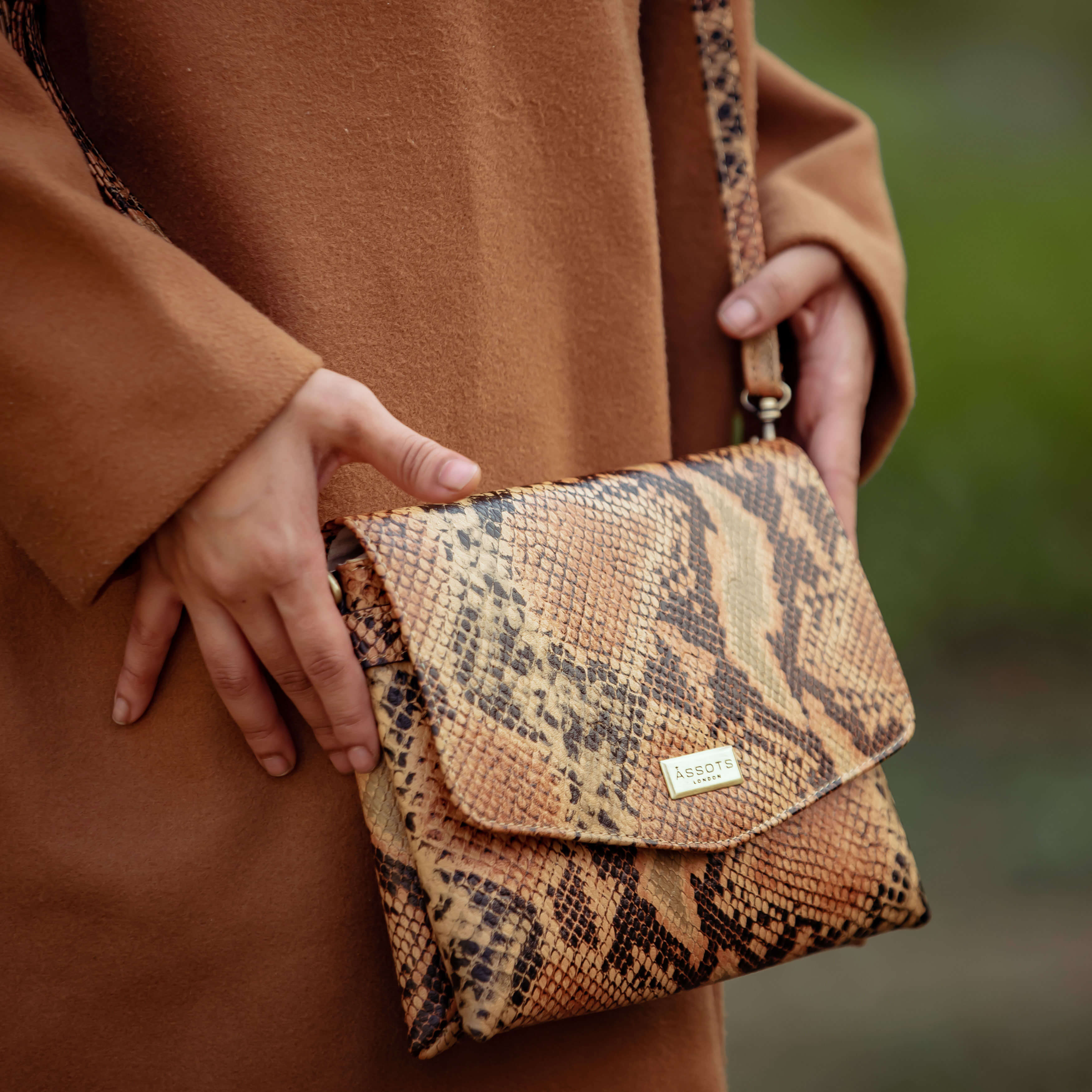 'GEORGIA' Tan Snake Print Real Leather Crossbody Sling Bag