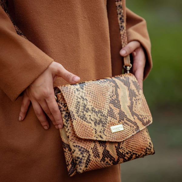 'GEORGIA' Tan Snake Print Real Leather Crossbody Sling Bag