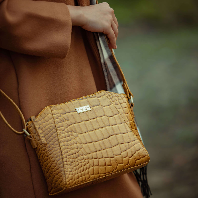 'MANDY' Ochre Croc Real Leather Designer Crossbody Bag
