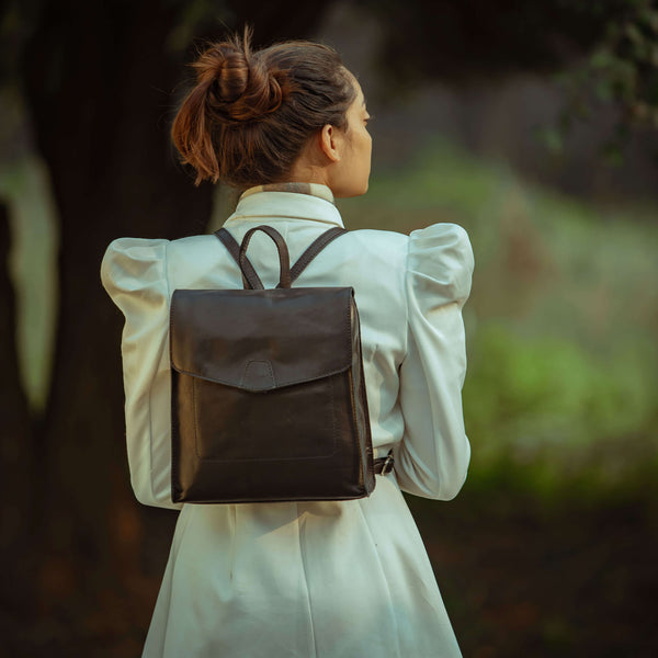 'MARGARET' Black Natural Grain Polished Leather Flap Over Backpack