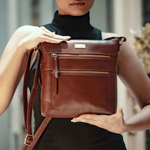 'CORI' Brown Polished VT Real Leather Crossbody Bag