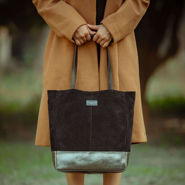 'PAIGE' Black Real Leather + Pewter Metallic Leather Tote Bag